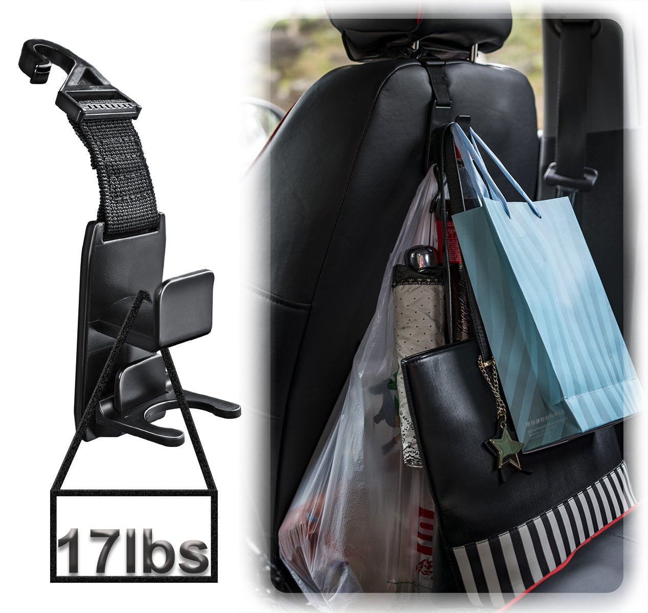 Heroway Car Headrest Hooks 4 Pack Black